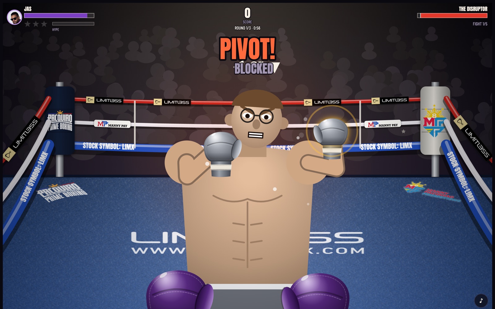 Counterpunch gameplay: the player's purple gloves facing The Disruptor in a Limitless-branded ring