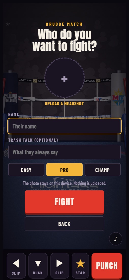The Grudge Match screen on a phone: upload a headshot, enter a name and trash talk, choose Easy, Pro or Champ, then Fight
